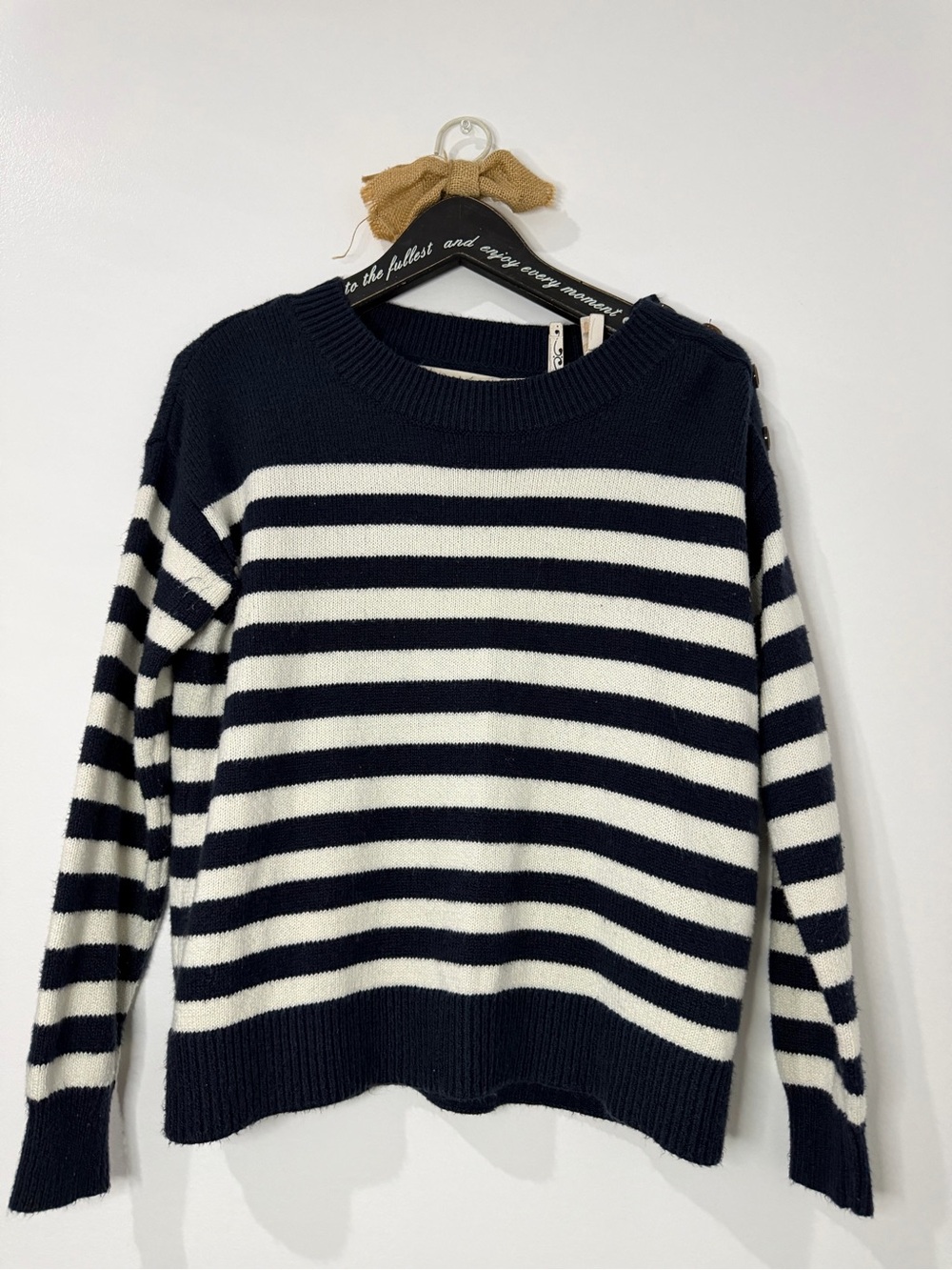LOFT Navy and White Striped Crewneck Sweater with Shoulder Buttons(Fits like Med